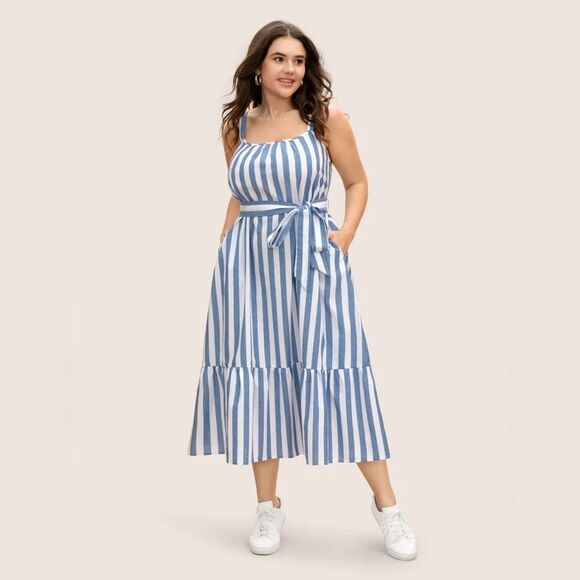 NWT BloomChic Striped Linen Blend Ruffle Layered Hem Dress size XL (14-16) - Picture 1 of 5